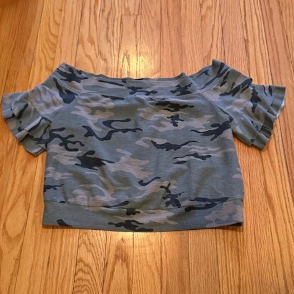 DANCE & MARVEL off shoulder camo ruffle top, size M